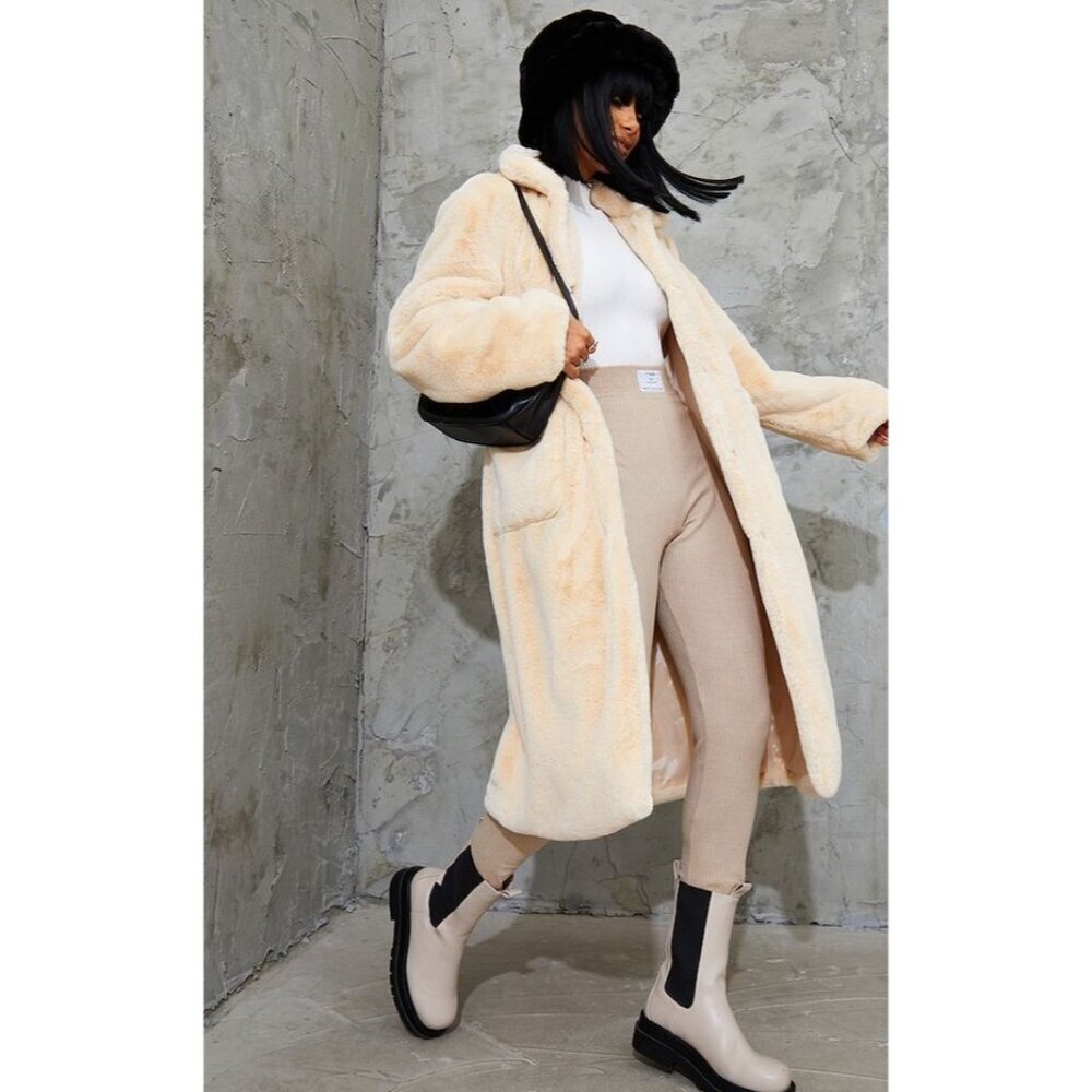 PrettyLittleThing Cream Faux Fur Long Coat - Picture 3 of 8